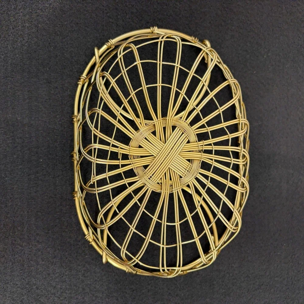 Gold Tone Woven Metal Wire Oval Decorative Basket Catchall Brass Lattice Handles